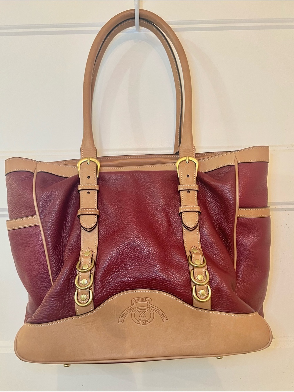 Ghurka Burgundy and Tan Leather Shopper Tote